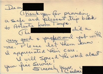 Handwritten testimonial letter from a family thanking Eastern Royal Medical Transport for safely relocating a loved one across state lines. Names redacted for privacy.
