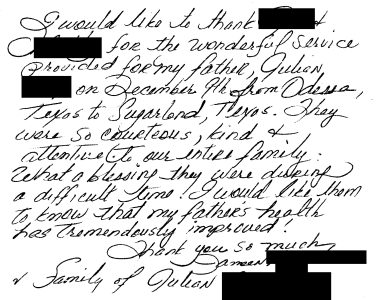 Handwritten testimonial letter from a family thanking Eastern Royal Medical Transport for safely relocating a loved one across state lines. Names redacted for privacy.