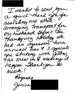 Handwritten testimonial letter from a family thanking Eastern Royal Medical Transport for safely relocating a loved one across state lines. Names redacted for privacy.