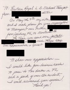 Handwritten testimonial letter from a family thanking Eastern Royal Medical Transport for safely relocating a loved one across state lines. Names redacted for privacy.