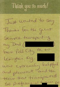 Handwritten testimonial letter from a family thanking Eastern Royal Medical Transport for safely relocating a loved one across state lines. Names redacted for privacy.
